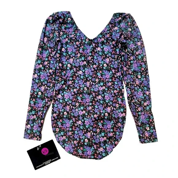 GK Elite VTG Field of Flowers Cotton Blend LS Leotard Bodysuit Purple AS Adult S - Picture 8 of 16